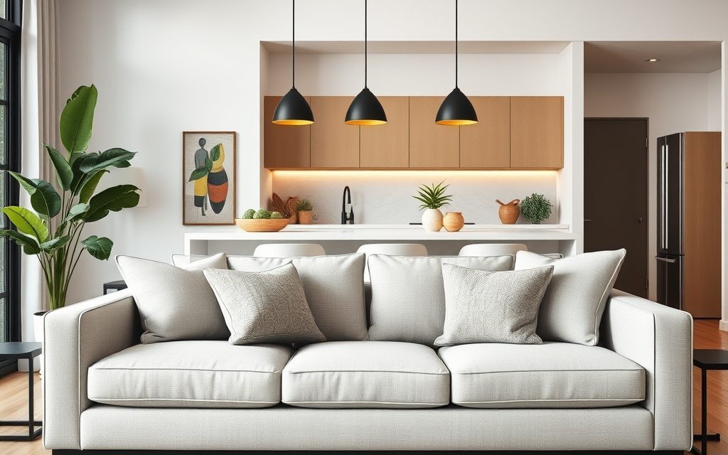 Sofa tyłem do kuchni jako sposób na funkcjonalny podział stref w otwartej przestrzeni