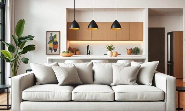 Sofa tyłem do kuchni jako sposób na funkcjonalny podział stref w otwartej przestrzeni